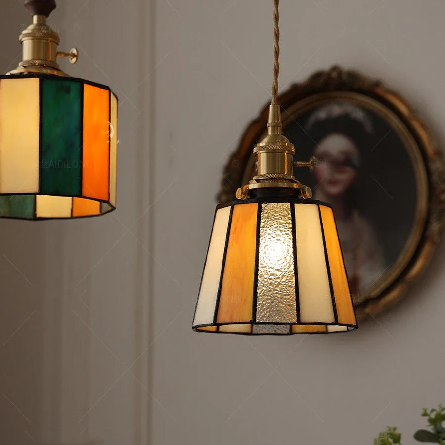 Vintage Japanese Style Pendant Light with Copper Socket and Glass Shade