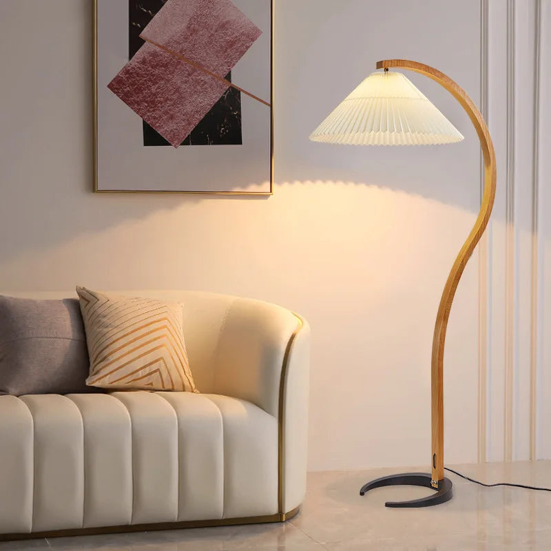 Natural Wood and Walnut Pleated LED Floor Lamp