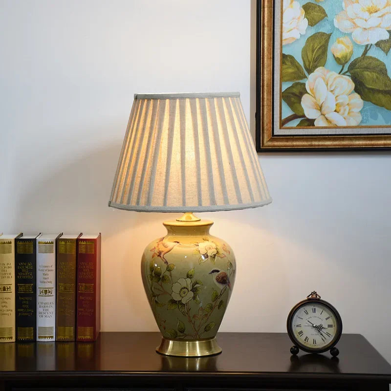 Nordic Ceramic Desk Lamp with Flower and Bird Design