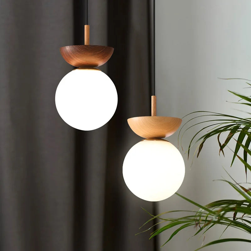 Nordic Round LED Ceiling Light with Wood Grain and Glass Shade
