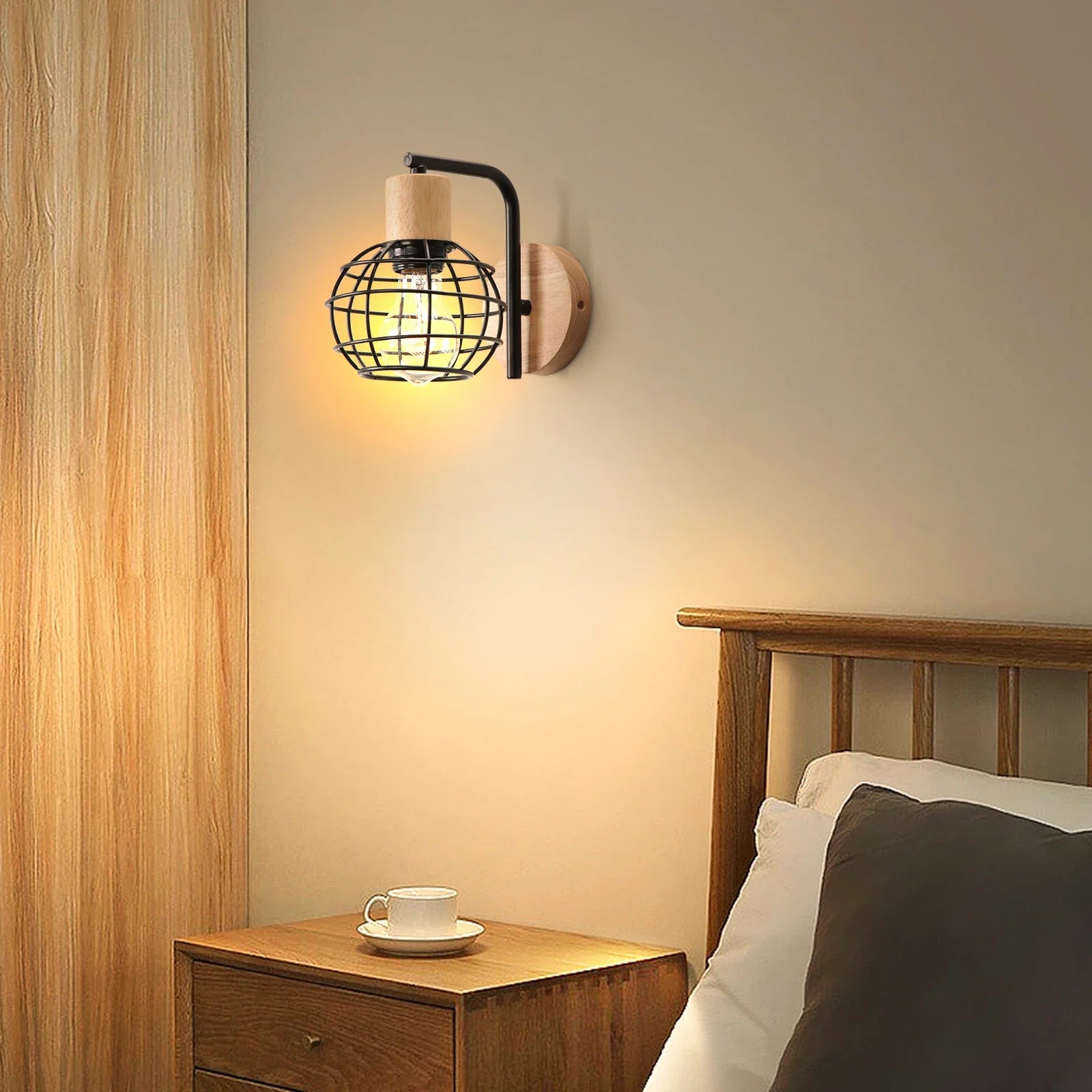 Vintage Wood Wall Sconce with E27 Lampshade for Bedroom, Living Room, Restaurant & Bar
