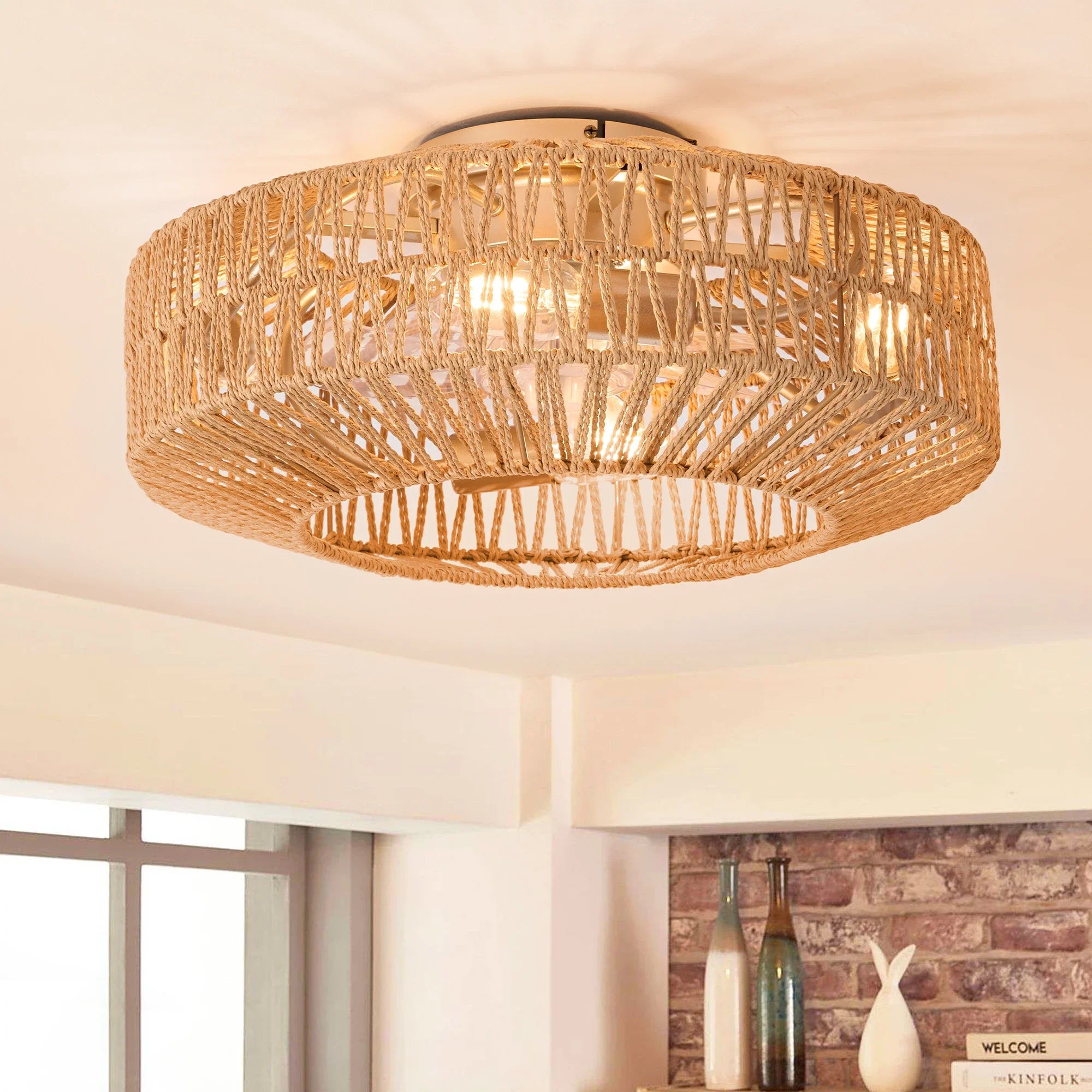 Vintage Rattan Ceiling Fan with Light and Remote Control