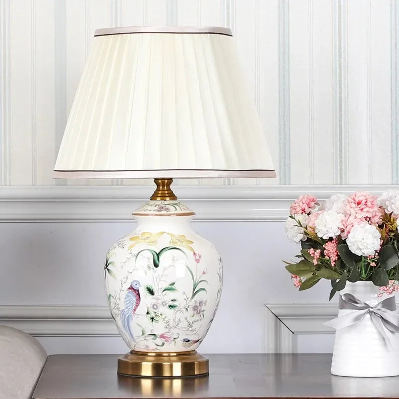 Vintage Ceramic Desk Lamp with Floral and Bird Patterns