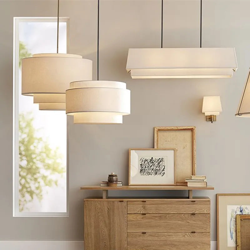 Camden Multi-Level Japanese Style Pendant Light - Minimalist Fabric Shade Designer Chandelier for Living Room & Kitchen Counter Lighting