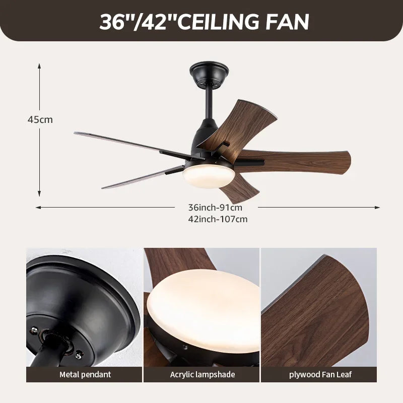 Modern Wooden Ceiling Fan with Remote Control and Light
