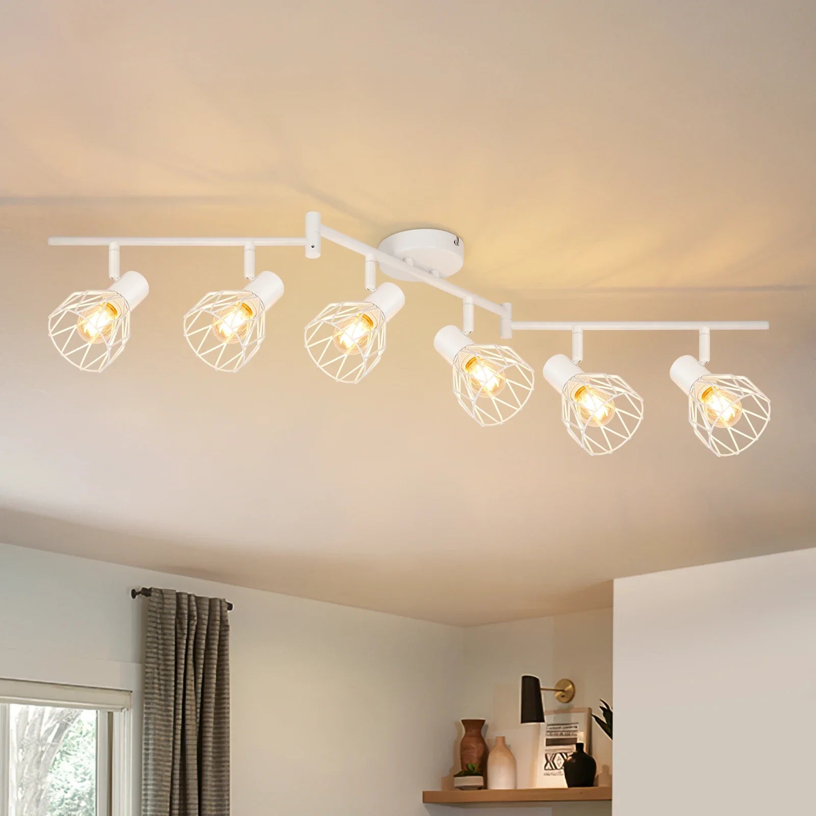 Rotatable 6-Way LED Ceiling Light - Black/White Metal Cage E14