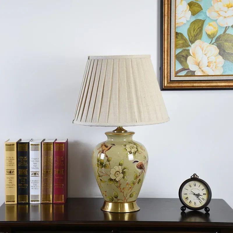 Nordic Ceramic Desk Lamp with Flower and Bird Design