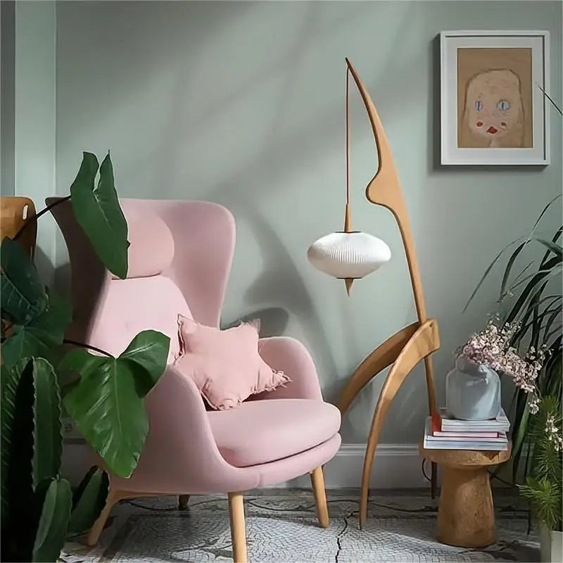 Walnut Wood Design Floor Lamp with Hanging Light