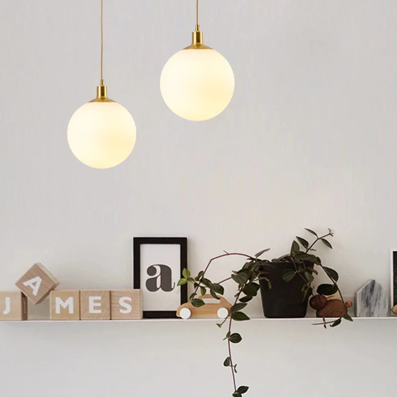 Minimalist Brass Suspension Light with Milky Glass Orb