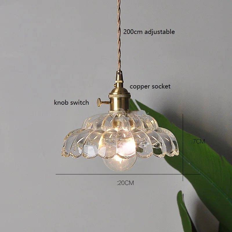Vintage LED Pendant Light with Wooden Handle and Glass Shade