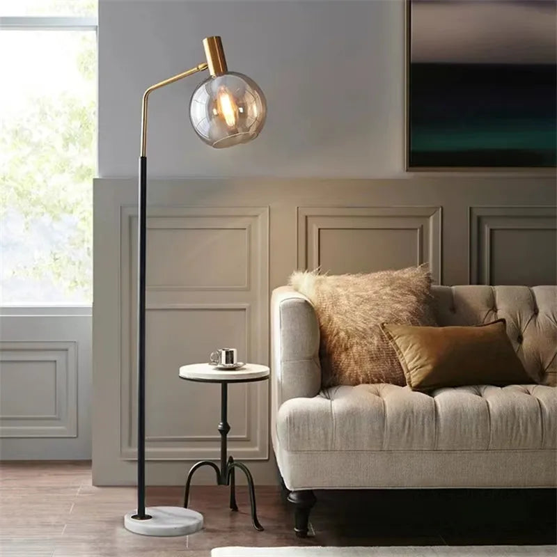 Gold and Black Metal and Glass Floor Lamp for Indoor Use
