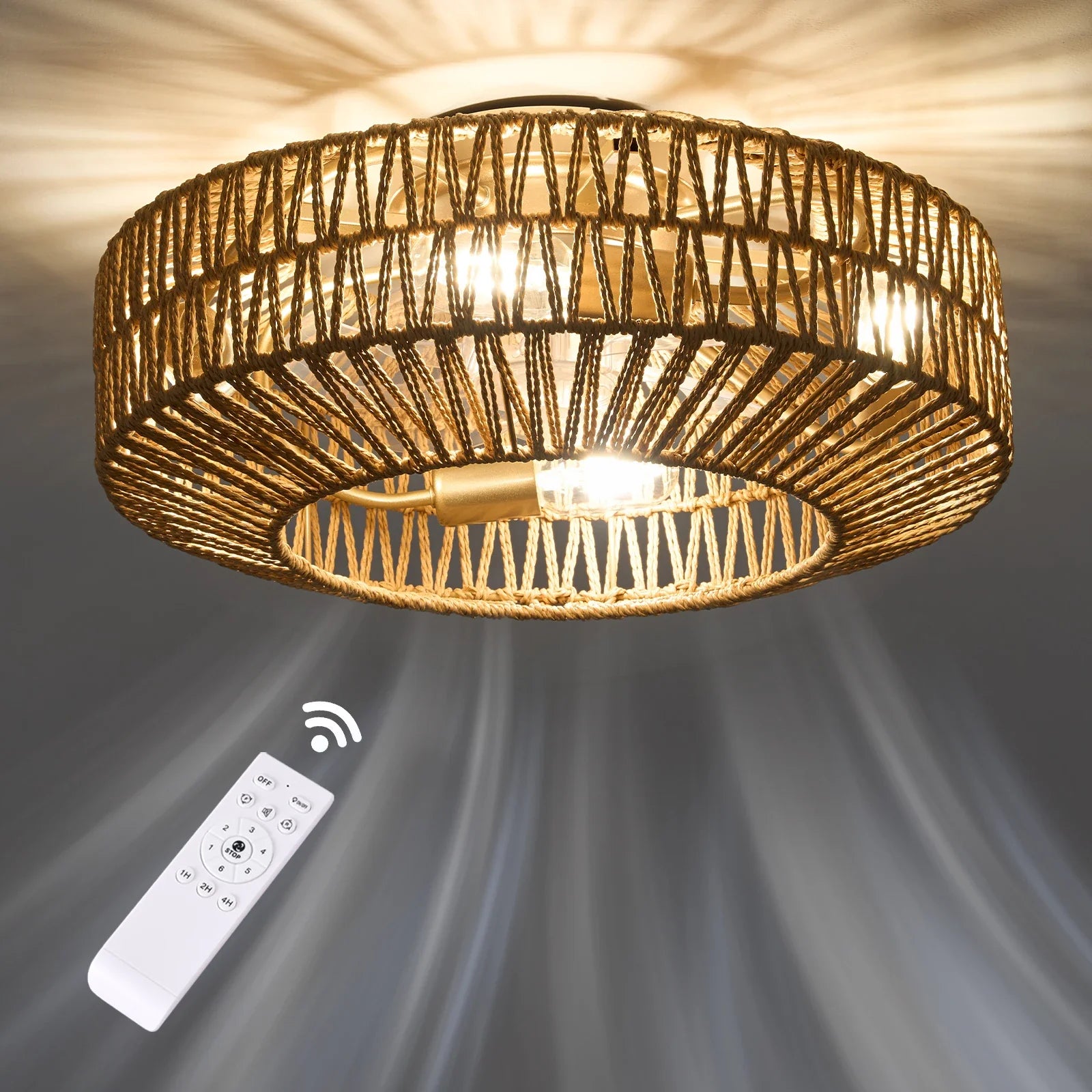 Vintage Rattan Ceiling Fan with Light and Remote Control