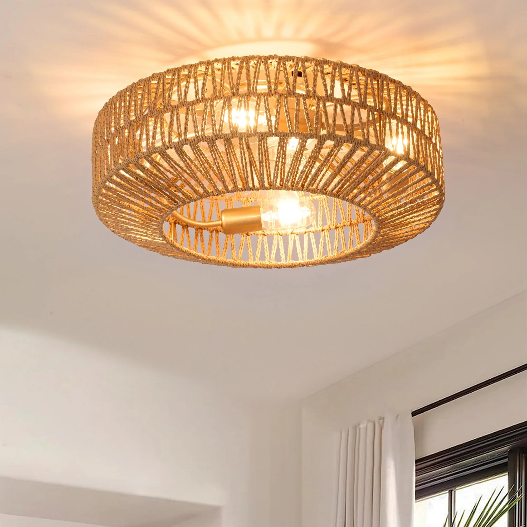 Vintage Rattan Ceiling Fan with Light and Remote Control