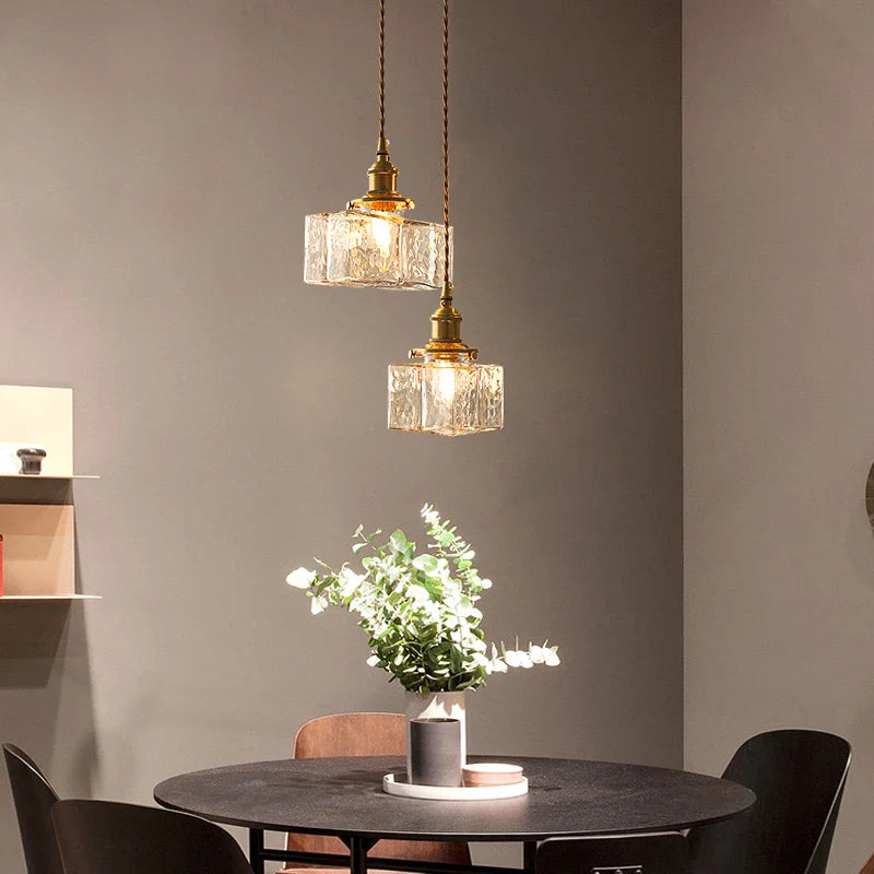 Vintage Glass Square Pendant Light with LED Shade for Dining Room and Bedroom