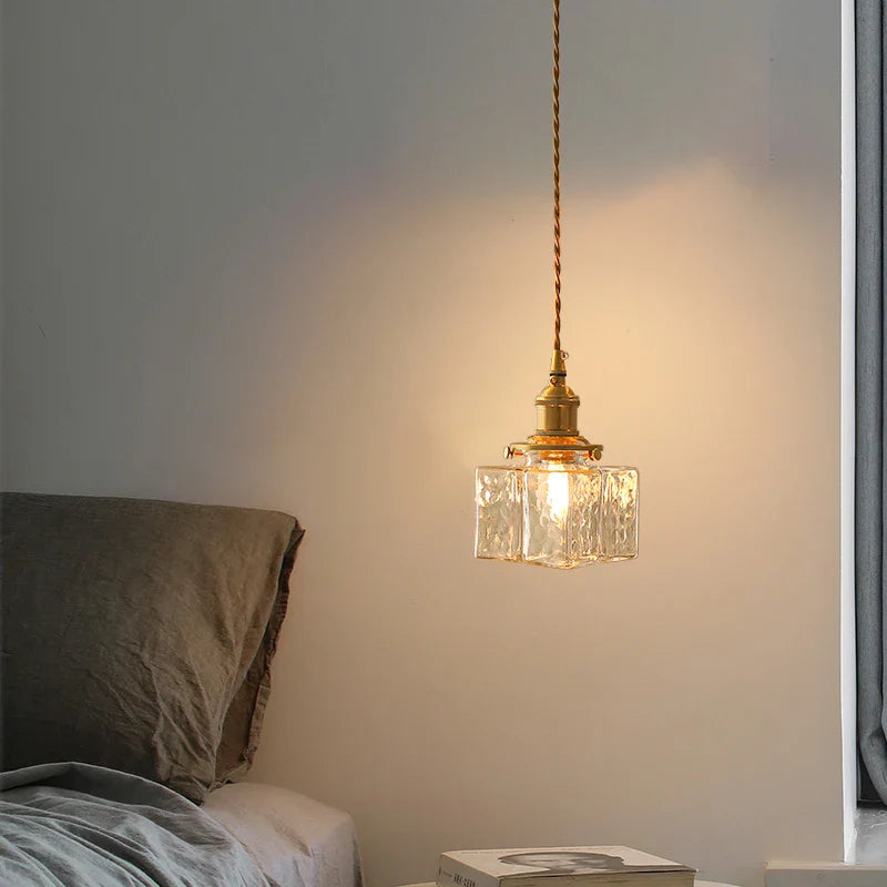 Vintage Glass Square Pendant Light with LED Shade for Dining Room and Bedroom