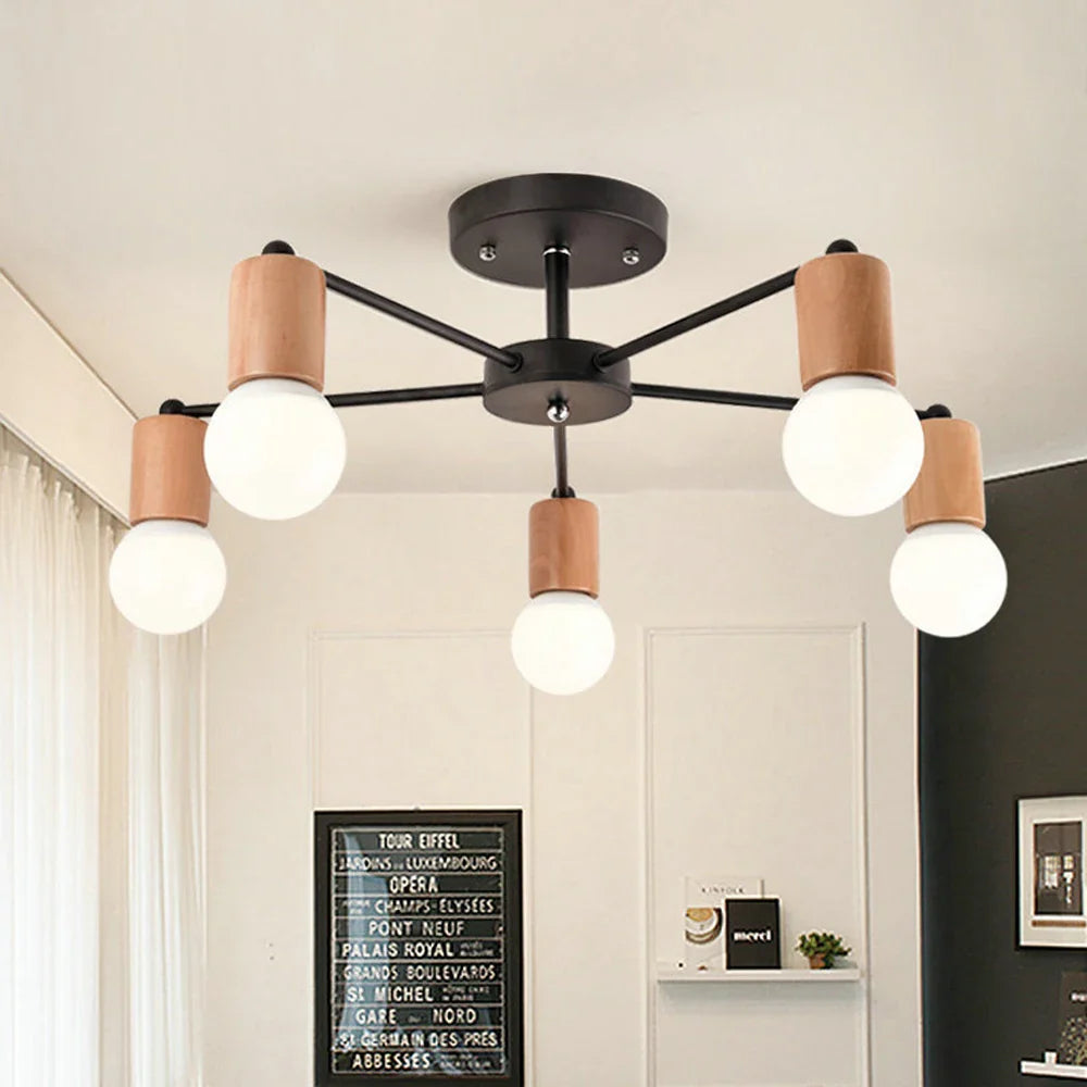 Modern Wood and Iron Sputnik Industrial Chandelier
