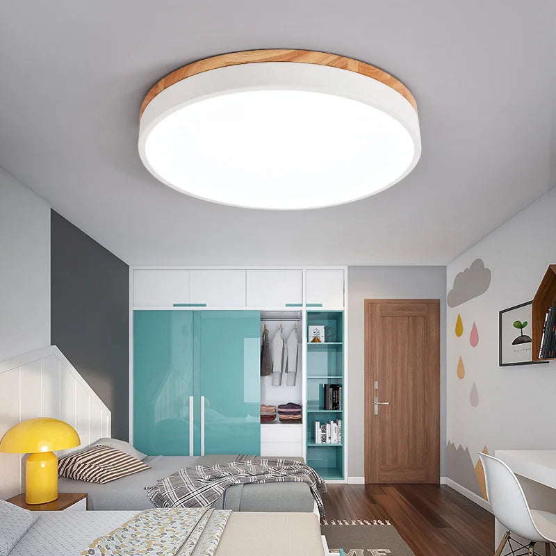 Nordic Round 7-Color LED Ceiling Lights for Living Room, Bedroom, Adjustable Color 3-Light Wooden Fixtures for Hallway, Balcony