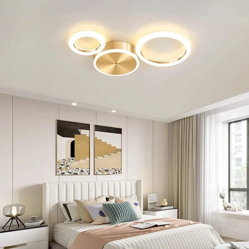 Modern LED Ceiling Light Fixture - Simple Aluminum Chandelier for Living Room, Bedroom, Dining Room - Golden Circle Rings Ceiling Light