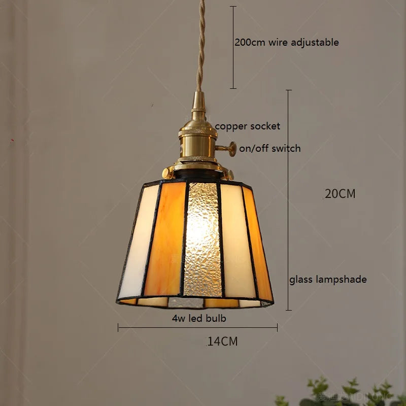 Vintage Japanese Style Pendant Light with Copper Socket and Glass Shade