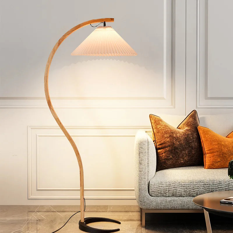 Natural Wood and Walnut Pleated LED Floor Lamp