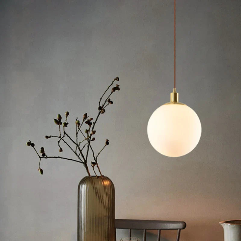 Minimalist Brass Suspension Light with Milky Glass Orb
