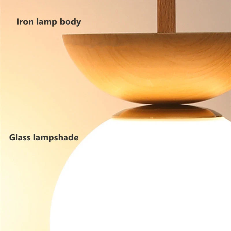 Nordic Round LED Ceiling Light with Wood Grain and Glass Shade