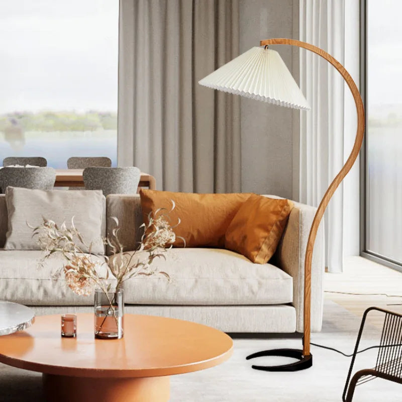 Natural Wood and Walnut Pleated LED Floor Lamp