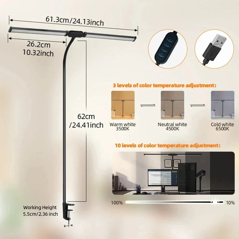 Lampes de bureau Led Double tête réglable en continu USB lampe de Table moniteur d'ordinateur lumière pour bureau étude lecture luminaire