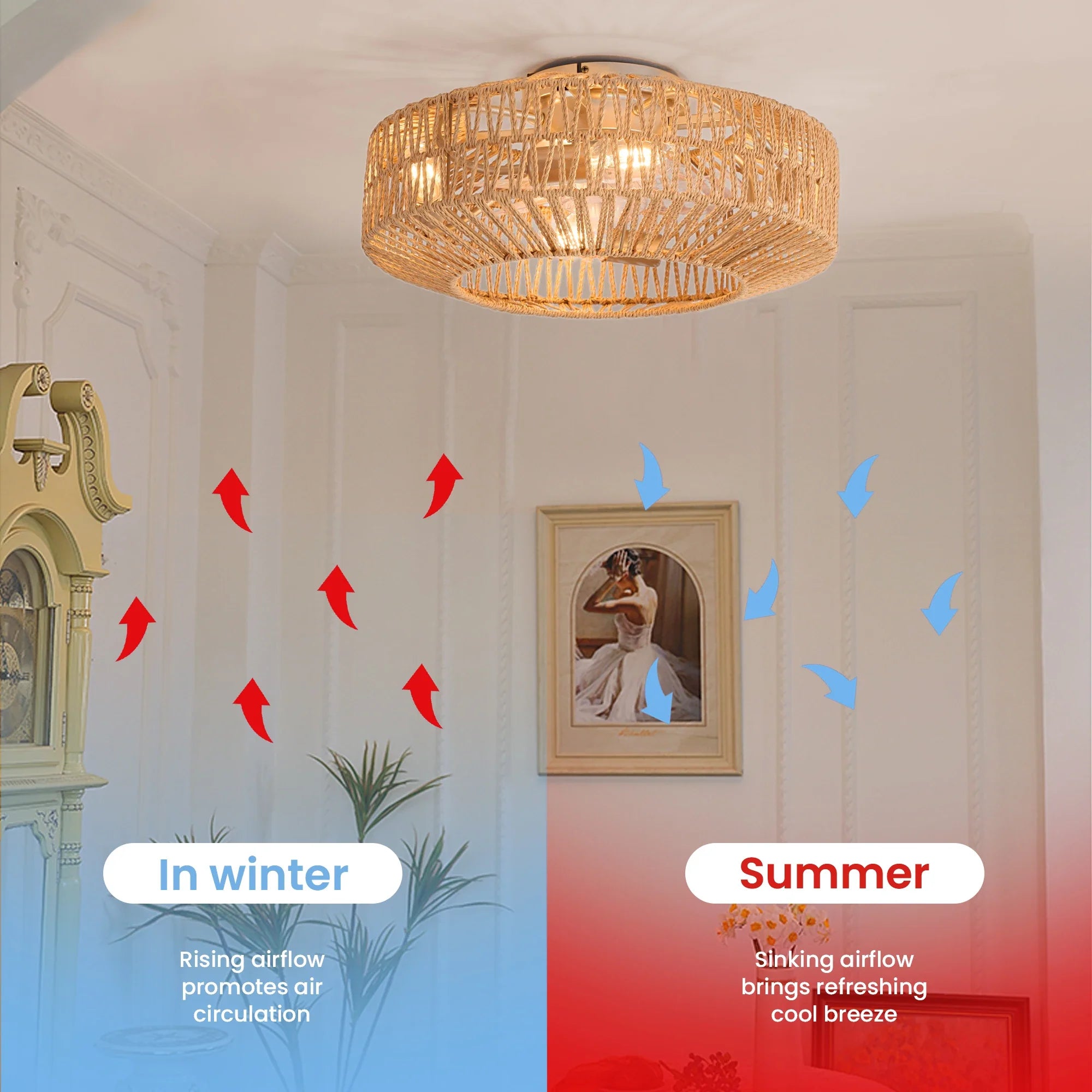 Vintage Rattan Ceiling Fan with Light and Remote Control