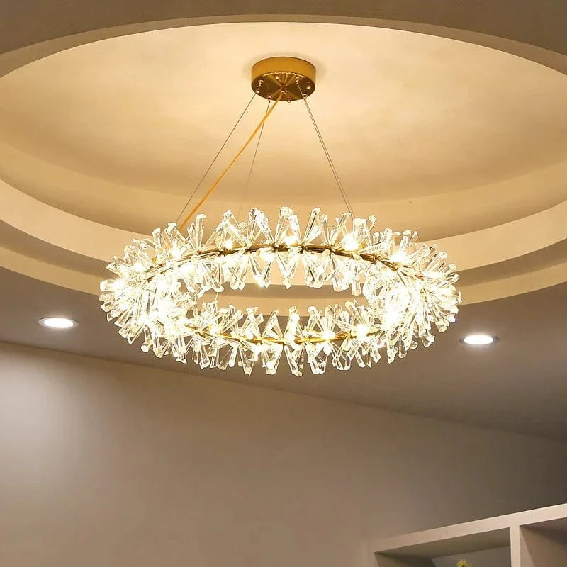 Adjustable Round Clear Crystal LED Pendant Light with Gold Wire Norenza