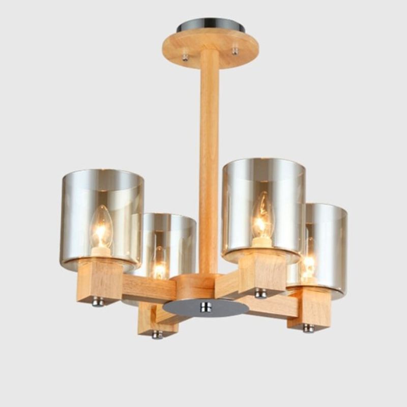 Wooden Chandelier with Glass Shade