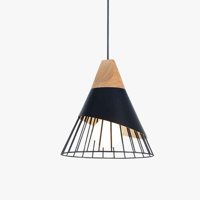 Cone-Shaped Metal Cage Pendant Light with Wooden Base Black Norenza