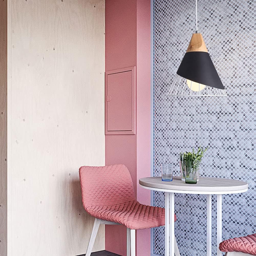 Cone-Shaped Metal Cage Pendant Light with Wooden Base Norenza