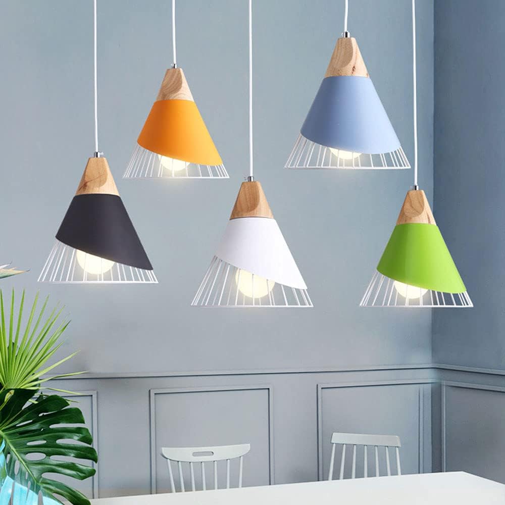 Cone-Shaped Metal Cage Pendant Light with Wooden Base Norenza