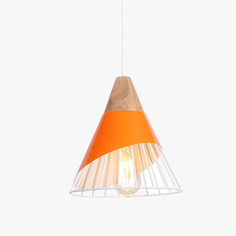 Cone-Shaped Metal Cage Pendant Light with Wooden Base Orange Norenza