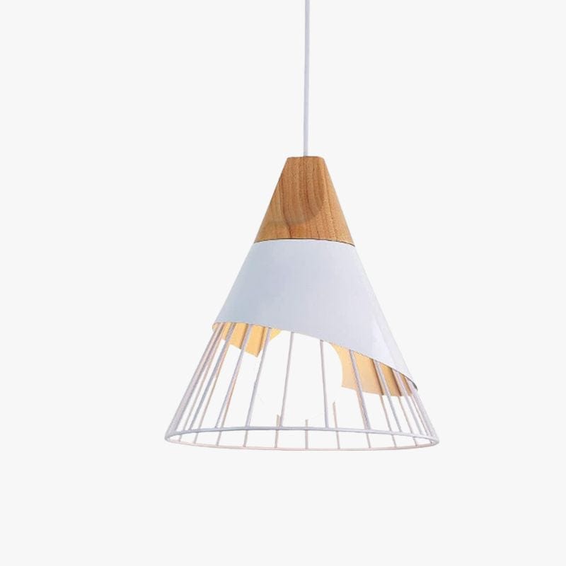 Cone-Shaped Metal Cage Pendant Light with Wooden Base White Norenza