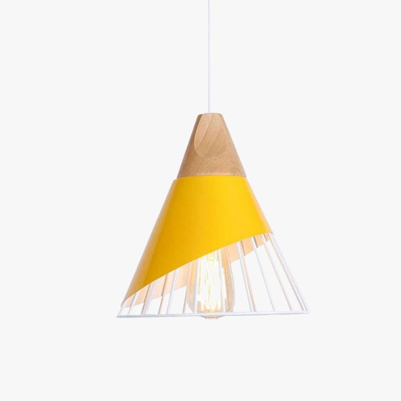 Cone-Shaped Metal Cage Pendant Light with Wooden Base Yellow Norenza