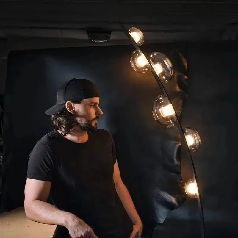 Italian Leather Design Floor Lamp with Glass Sphere Norenza