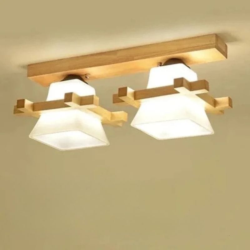 Japanese LED Ceiling Light with Glass Shade and Wooden Base Gold / 2 lights Norenza