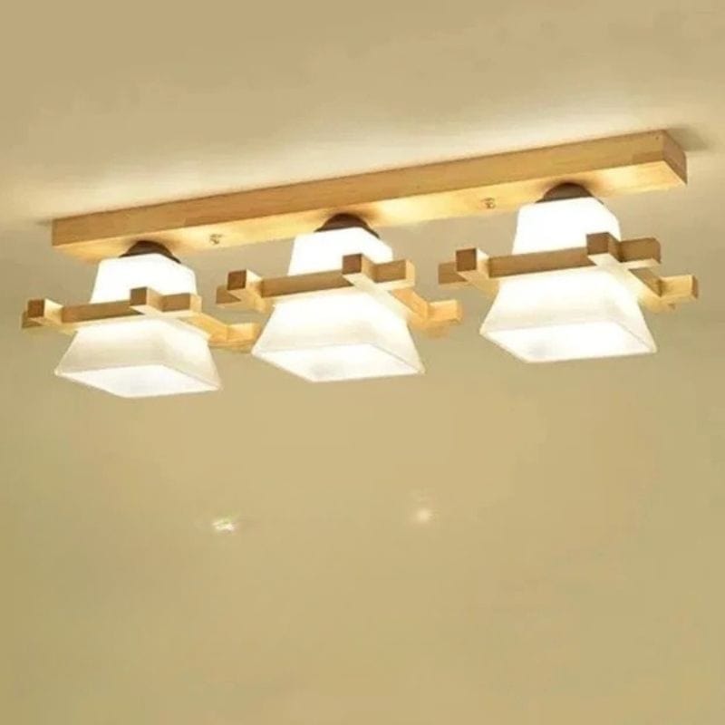 Japanese LED Ceiling Light with Glass Shade and Wooden Base Gold / 3 lights Norenza