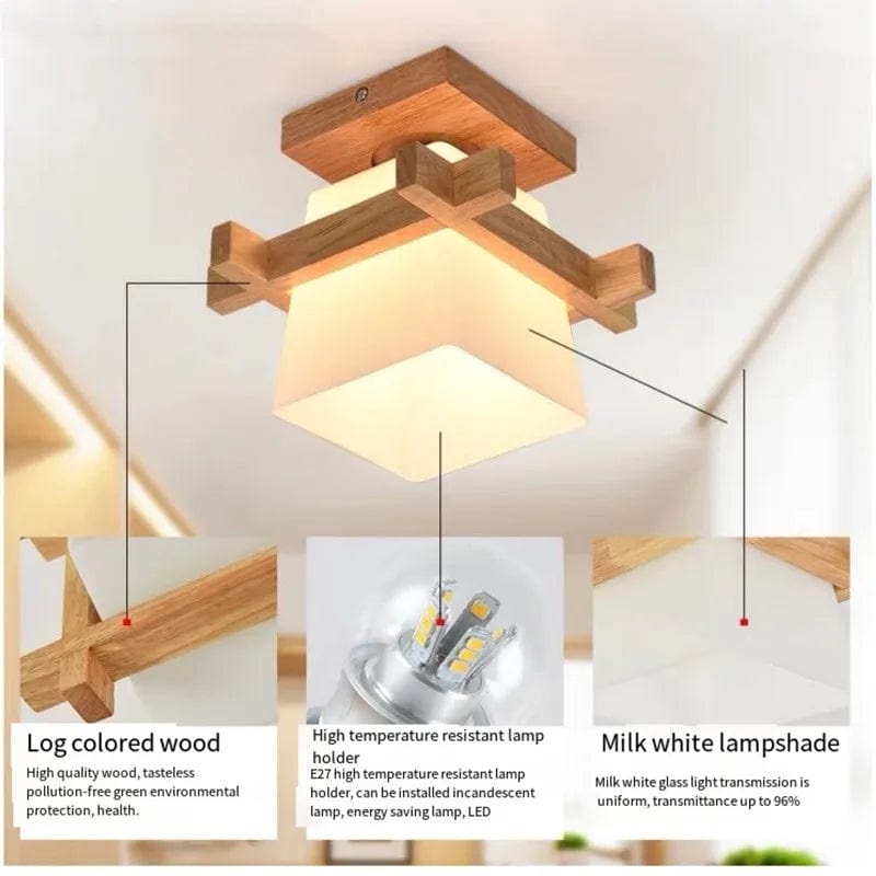 Japanese LED Ceiling Light with Glass Shade and Wooden Base Norenza