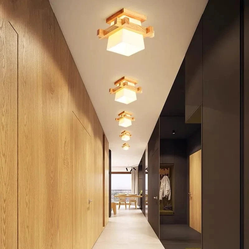 Japanese LED Ceiling Light with Glass Shade and Wooden Base Norenza