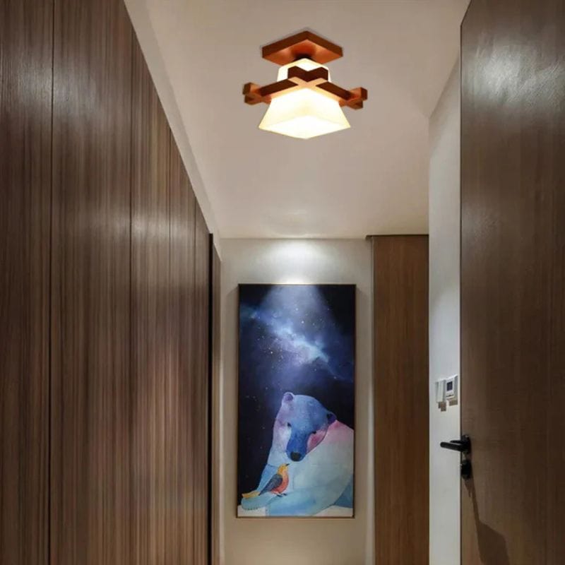 Japanese LED Ceiling Light with Glass Shade and Wooden Base Norenza