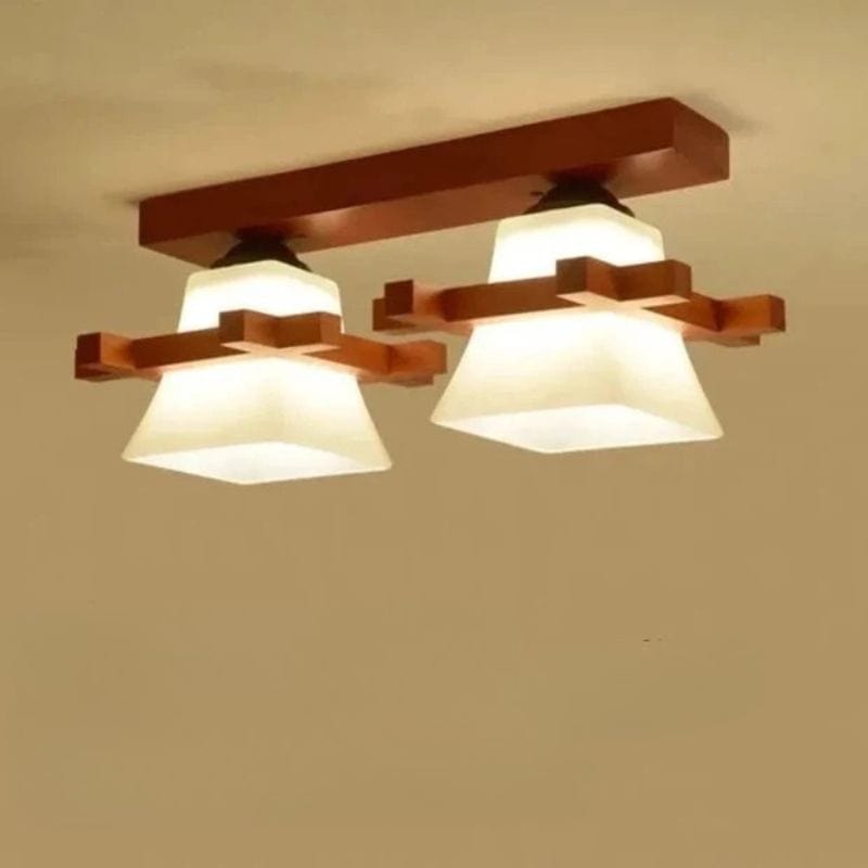 Japanese LED Ceiling Light with Glass Shade and Wooden Base Walnut / 2 lights Norenza