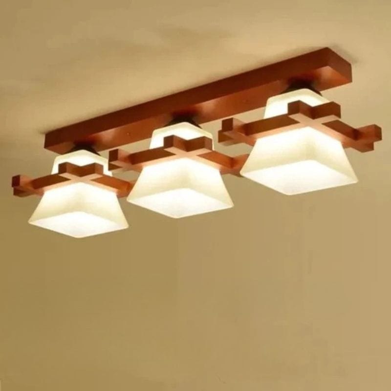 Japanese LED Ceiling Light with Glass Shade and Wooden Base Walnut / 3 lights Norenza