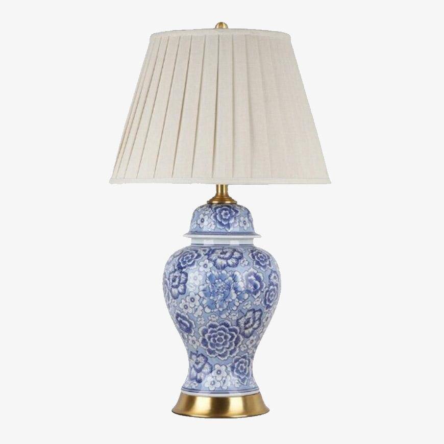 Blue Ceramic LED Table Lamp with White Shade - Japanese Style
