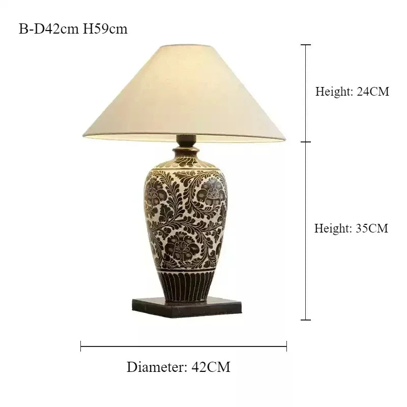 lampe de bureau rétro chinoise en céramique avec abat-jour en tissu