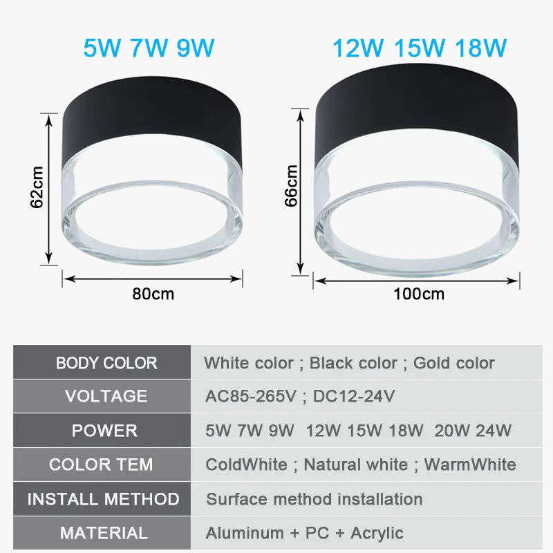 Nordic Surface Mounted LED Downlight - 9W to 24W Circular Spotlights for Living Room