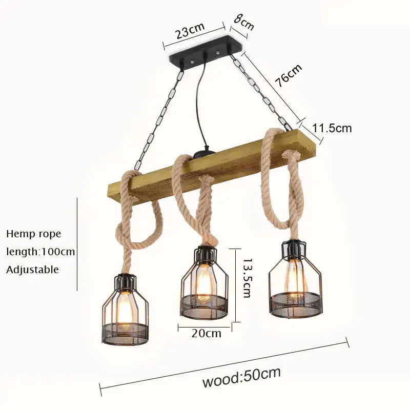 Retro Industrial Chandelier with 3 Wooden Heads and Hemp Rope