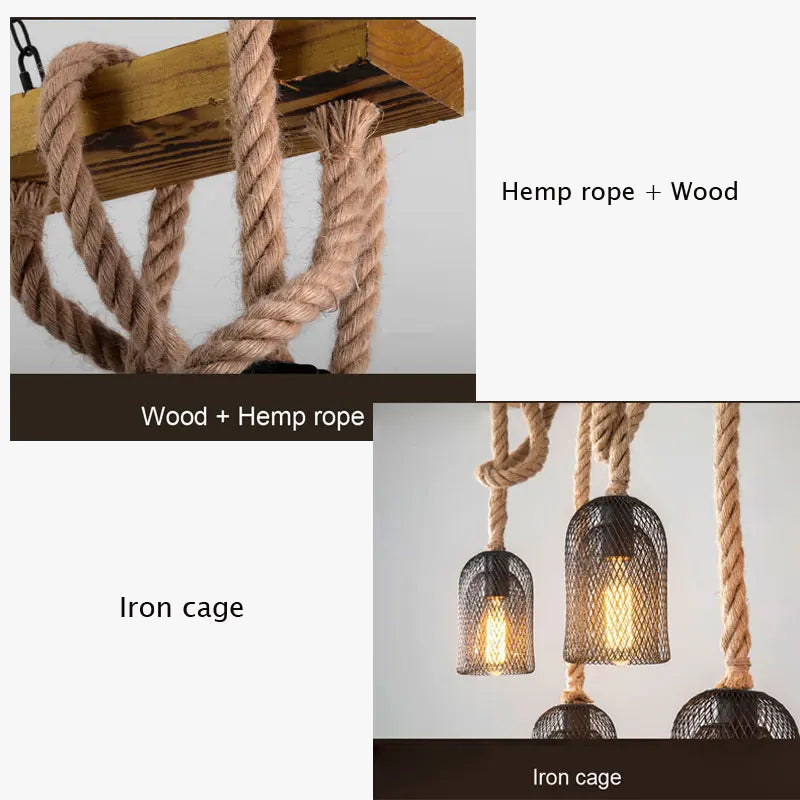 Retro Industrial Chandelier with 3 Wooden Heads and Hemp Rope